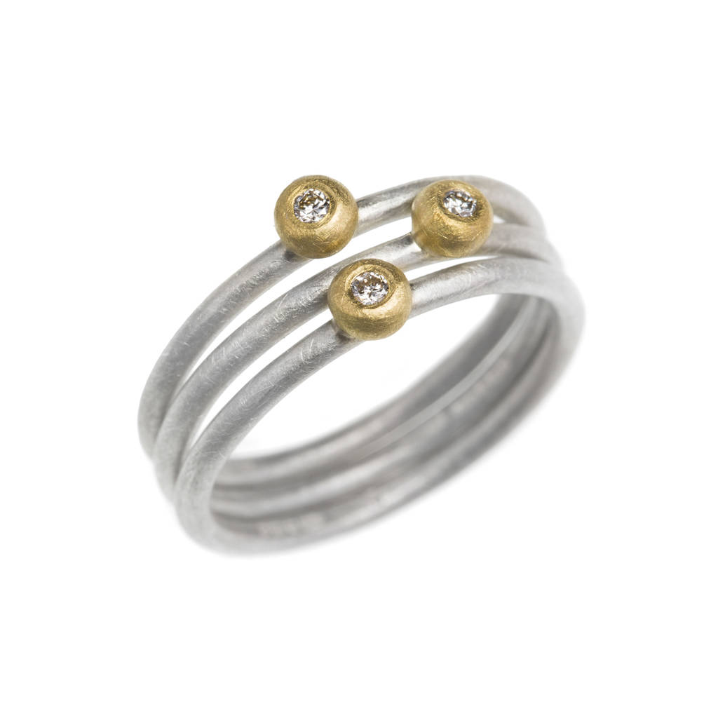 Stack Of Three Silver,18ct Gold And Diamond Rings By Natalie Jane ...
