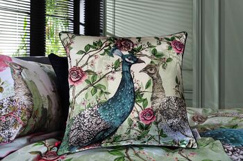 Iya Valley Love Story Peacocks And Japanese Blossom Cushion, 3 of 5