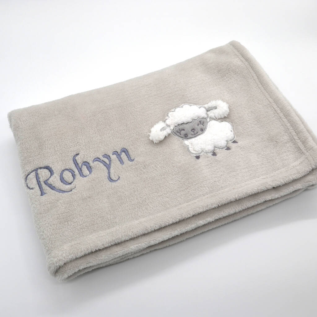 personalised grey fleece unisex baby blanket with lamb by dcaro