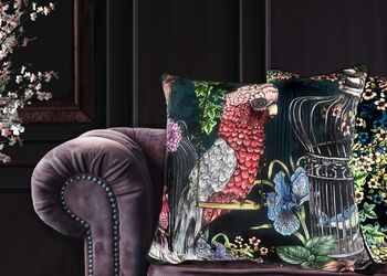 Wild Captivity Birds And Bird Cages Cushion With Flowers In Luxury Velvet On Navy Blue, 2 of 8