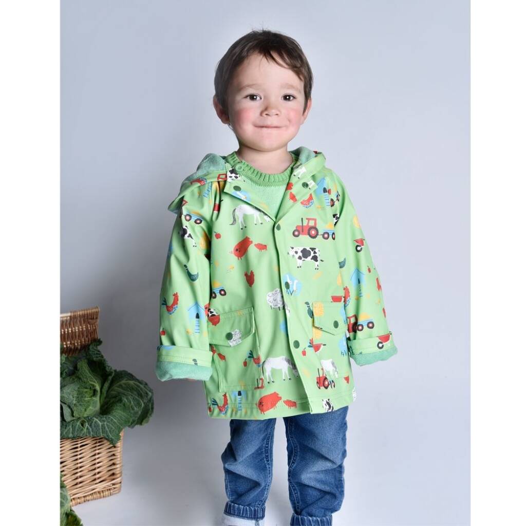 Children's Green Farmyard Hooded Raincoat By Bluebelle and Co