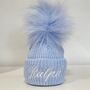 Embroidered Blue Single Pom Pom Knitted Baby Hat, thumbnail 1 of 6
