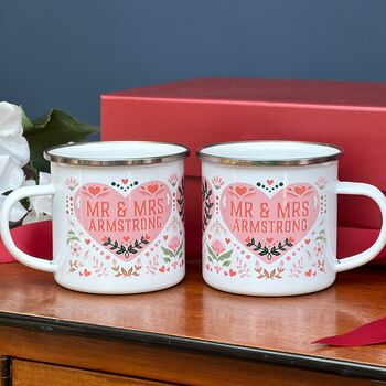 Pair Of Red And Pink Enamel Mugs For Couple, 4 of 7