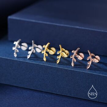 Tiny Leaf Internally Threaded Flat Back Earrings In Sterling Silver, 4 of 9
