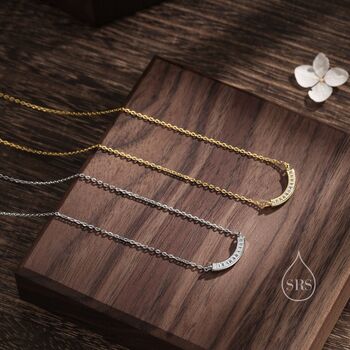 Curved Bar Cz Pendant Necklace In Sterling Silver, 3 of 10