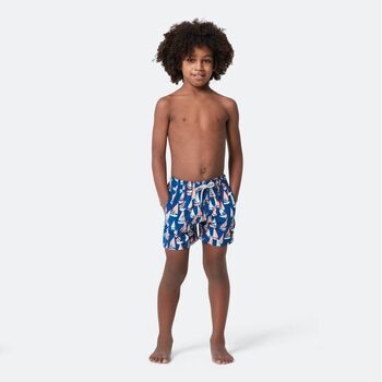 Father And Son Matching Blue And Coral Boat Swim Shorts, 5 of 8