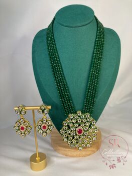 Indian Long Beaded Green Mala Necklace Set, 5 of 5