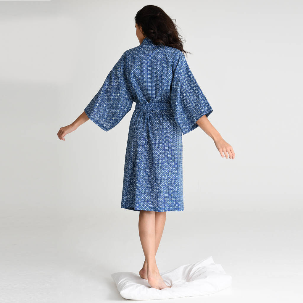 Cotton Wrap Kimono In Blue Circle Print By Caro London