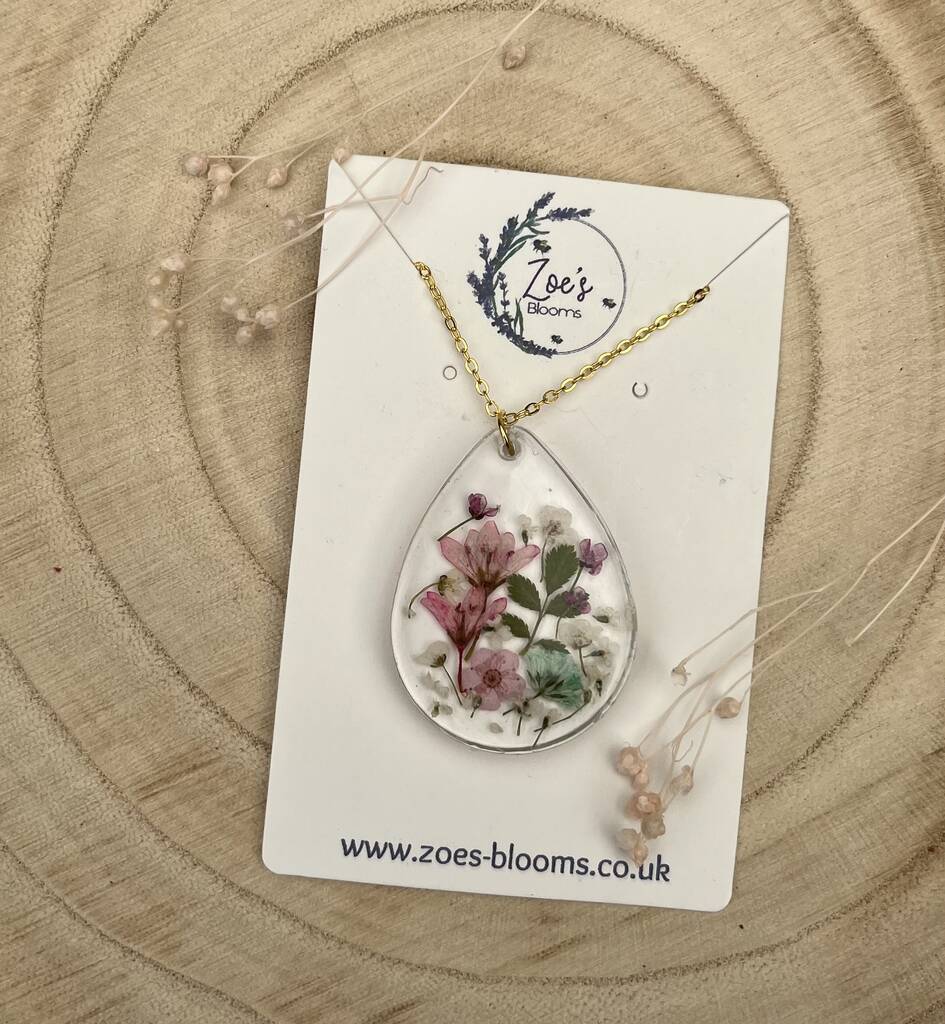 Real Pressed Flower Teardrop Pendant Necklace By Zoe’s Blooms