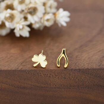 Mismatched Wishbone And Shamrock Leaf Stud Earrings In Sterling Silver, 5 of 12