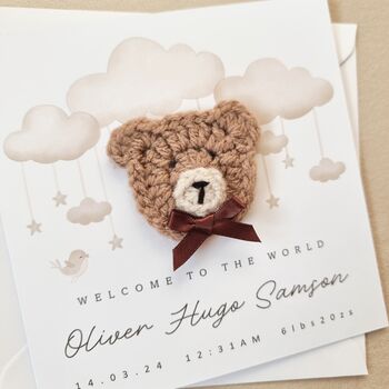 Personalised Cute Crochet Bear New Baby Card, 4 of 8
