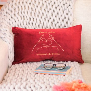 Personalised Heart Hands Couples Names Velvet Cushion, 5 of 5