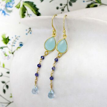 Chalcedony, Tanzanite And Blue Topaz Gold Drop Earrings, 3 of 7