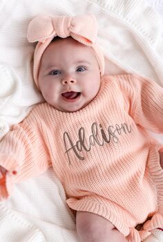 Personalised Embroidered Ruffle Detail Knitted Baby Romper Three Colours Available, 6 of 12
