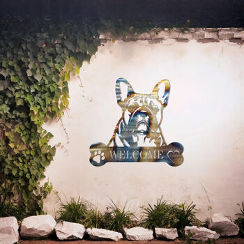 Custom French Bulldog Welcome Metal Wall Art Gift For Dog Lovers Home Or Garden Decor, 4 of 11