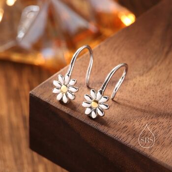 Sterling Silver Daisy Flower Drop Hook Earrings, 2 of 9