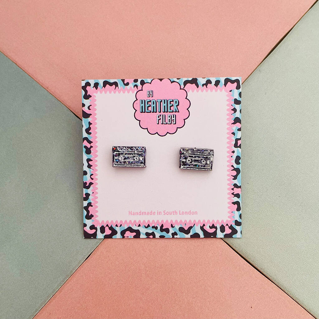 Cassette Glitter Stud Earrings, 1 of 5