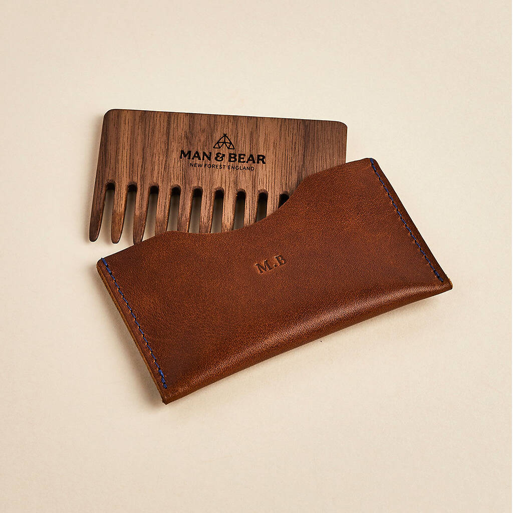 Personalised Wood Beard Comb And Leather Pouch, 1 of 5