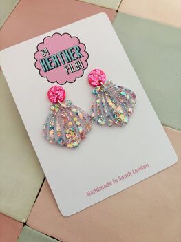 Statement Shell Glitter Resin Earrings / Mermaidcore Jewellery / Beach Holiday Statement / Summer Vacation Jewellery, 3 of 12