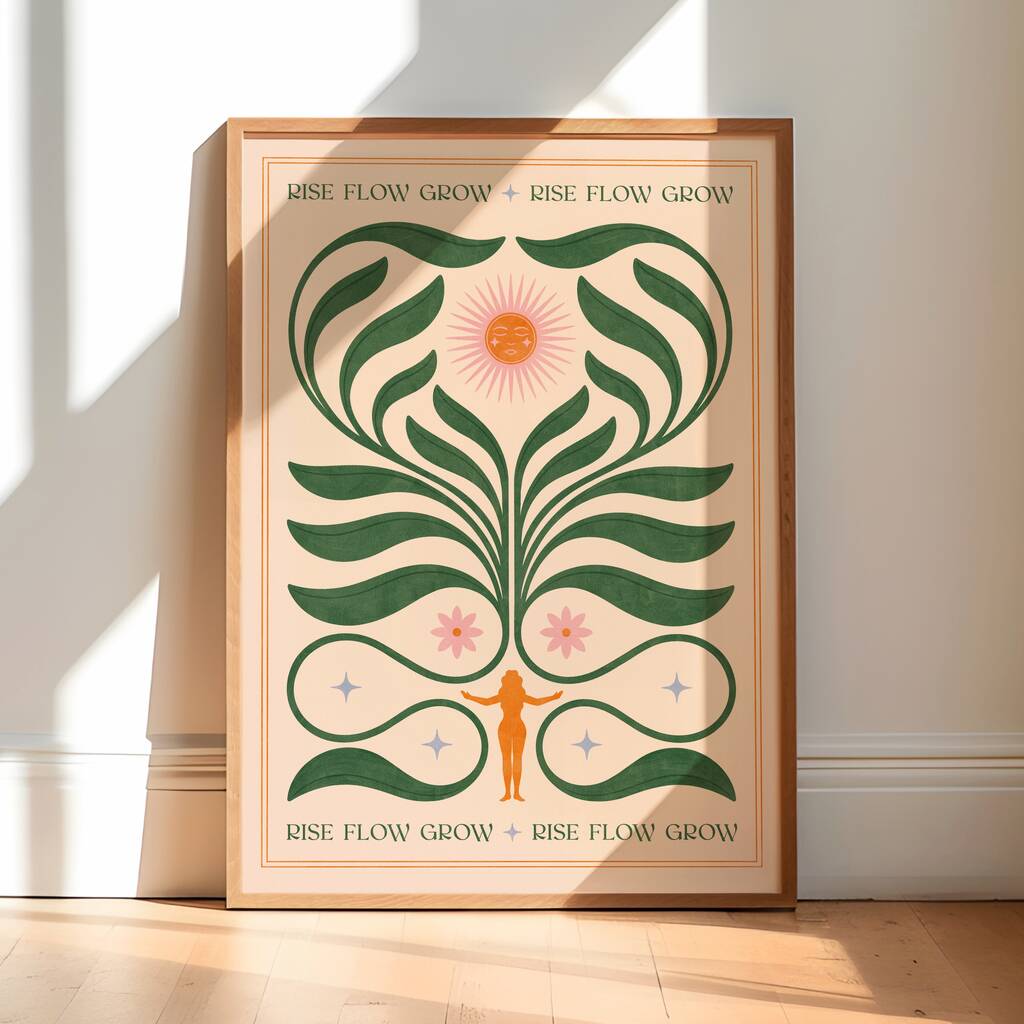 Rise Flow Grow, Floral Bohemian Sun Art Print, Botanical Yoga Poster, 1 of 3
