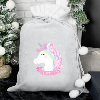 Personalised Unicorn Luxury Silver Grey Pom Pom Christmas Sack, 2 of 3