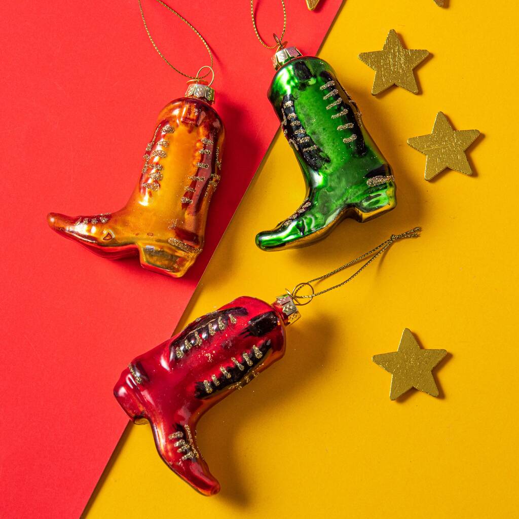 Set Of Three Cowboy Boots Christmas Baubles By HELLO LOVELY