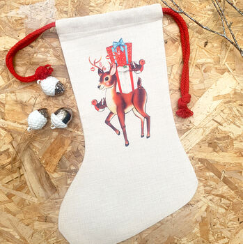 Retro Reindeer Linen Christmas Stocking, 3 of 5