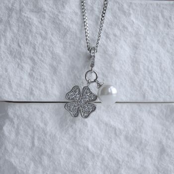 Clover Pearl And Zircon Necklace 925 Sterling Silver Charm Gift, 4 of 7
