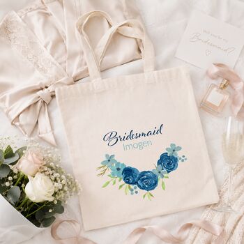 Personalised Blue Floral Bridesmaid Tote Bag Gift, 3 of 6
