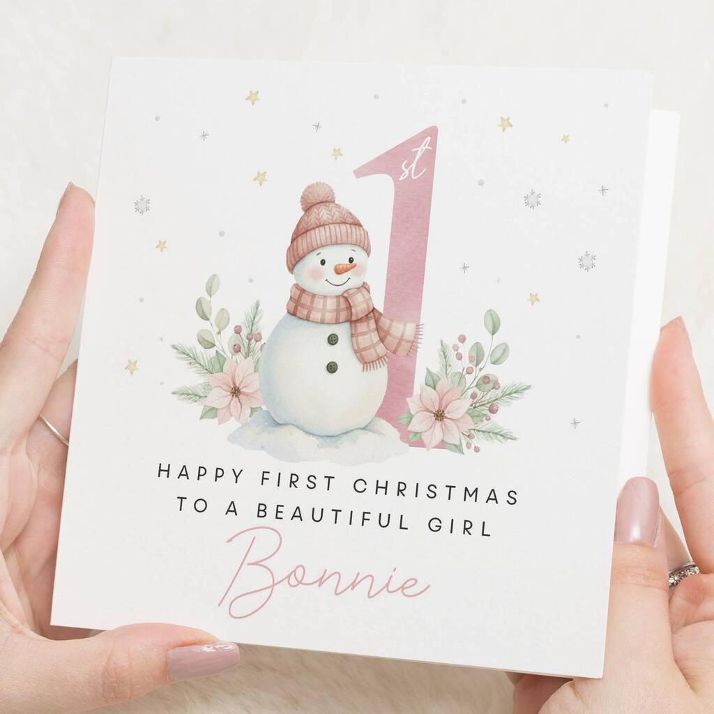 Personalised Baby Girl 1st Christmas Snowman Card, 1 of 7