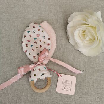 Fabric Bunny Ear Teething Ring, Pink Floral Baby Gift, 6 of 12
