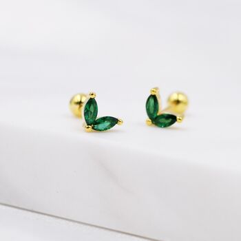 Emerald Green Cz Marquise Leaf Duo Barbell Earrings, 3 of 11