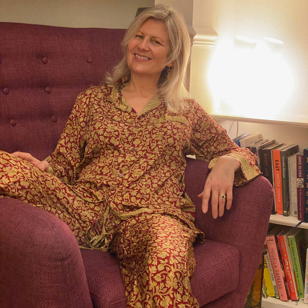 Indian Upcycled Sari Silk Pyjamas Gold Magenta By Suzie Bidlake |  