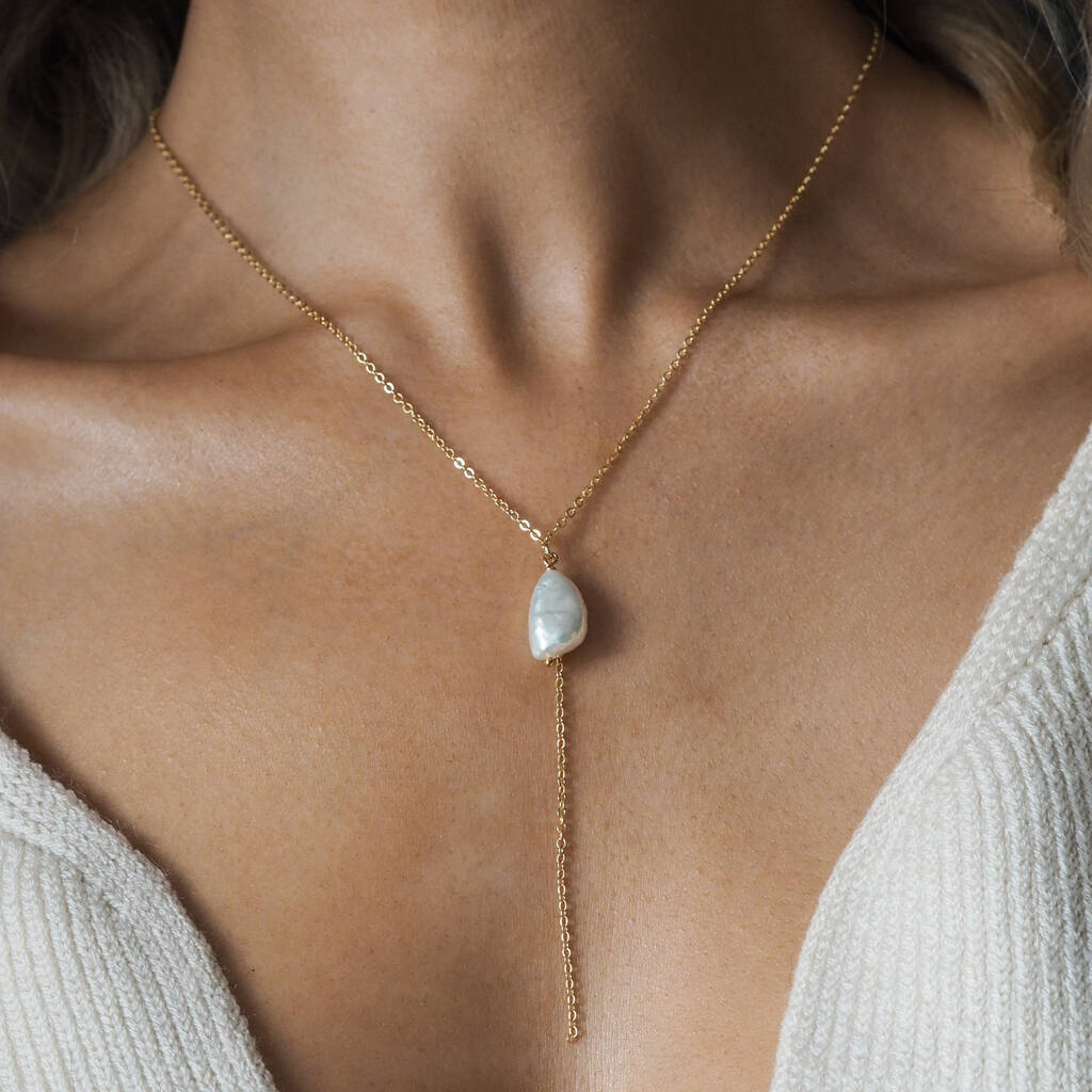 Chloe. Gold Filled Pearl Lariat Necklace, 1 of 5