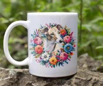 Personalised Greyhound Summer Floral Dog Wreath Cushion And Mug Gift Bundle, 2 of 4