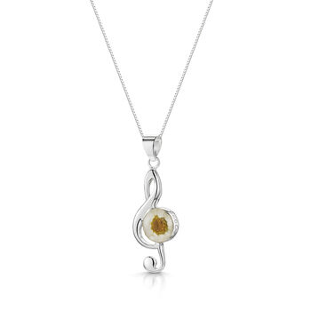 Sterling Silver Treble Clef Pendant With Real Flowers Four Flower Options, 3 of 11