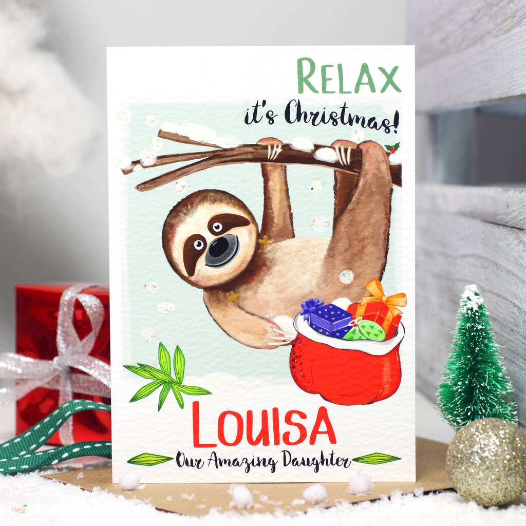 Personalised Sloth 'Relax' Christmas Card, 1 of 4