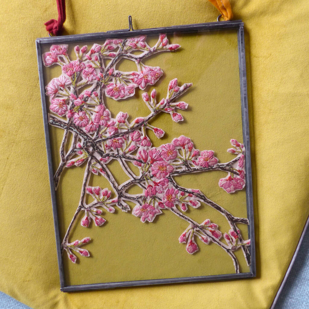 Framed Cherry Blossom Embroidered Artwork, 1 of 6