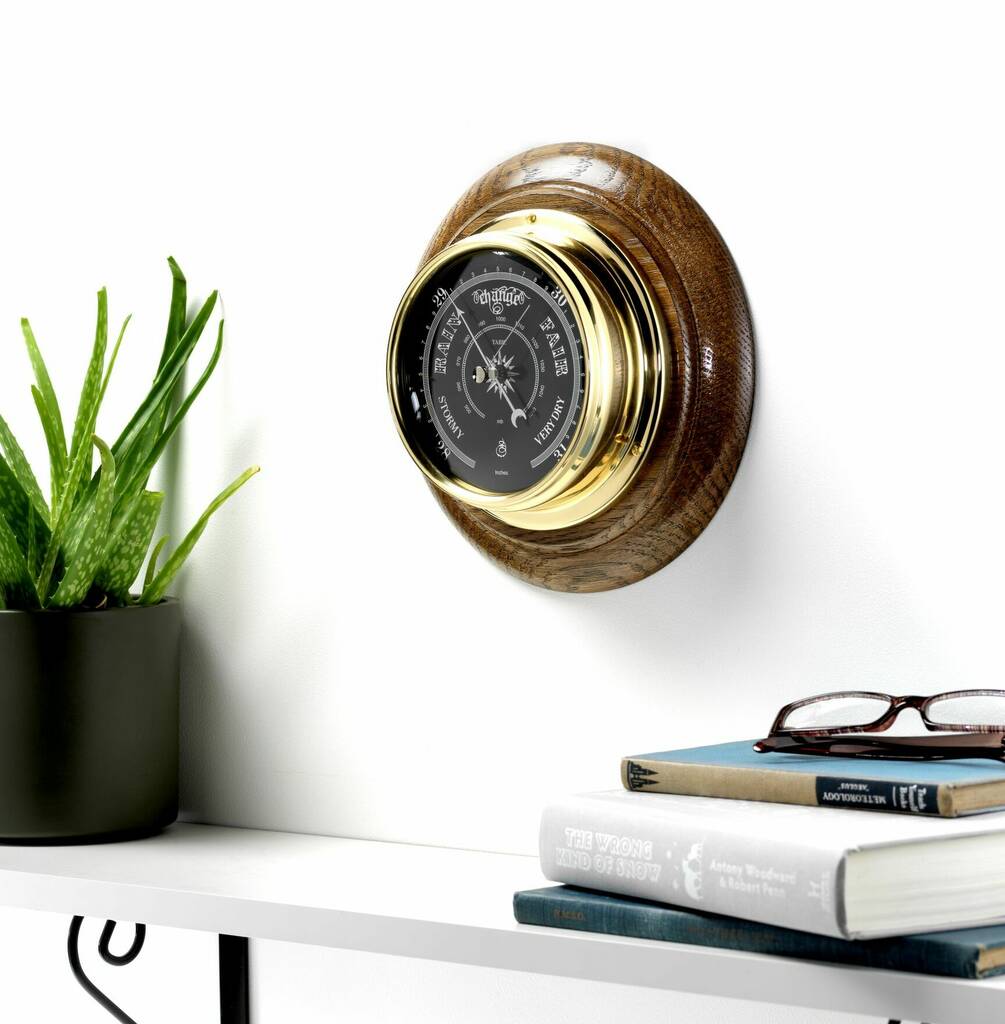 Handmade in Uk Tabic Traditional Solid Brass Barometer on an English Oak Mount 