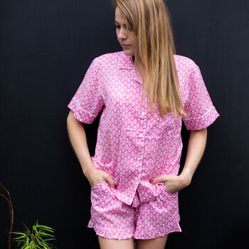 Short Cotton Pj Set In Pink And White Block Print, 7 of 7