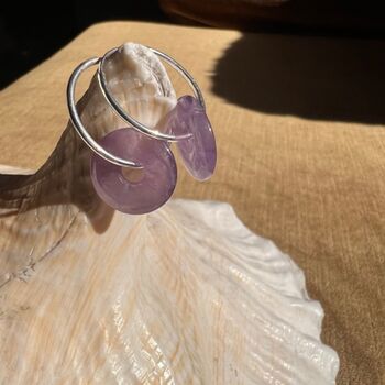 Amethyst Disc Sterling Silver Hoop Earrings, 3 of 4