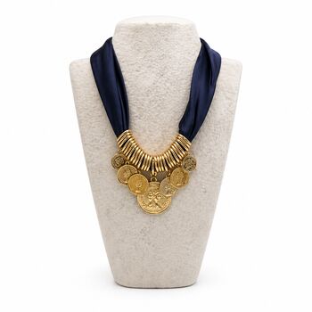 Bold Statement Gold Coin Charm Necklace With Satin Tie Closure, 3 of 5