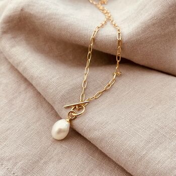 18ct Gold Plated T Bar Pearl Necklace, 3 of 5