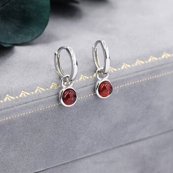 Sterling Silver Dangling Red Garnet Hoop Earrings, 2 of 12