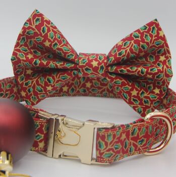 Red And Gold Holly Christmas Dog Bow Tie, 8 of 12