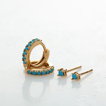 Turquoise Stone Huggie And Tiny Stud Set Of Earrings, 3 of 8