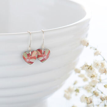 Coral Colour Small Leaf Print Heart Earrings, 3 of 4
