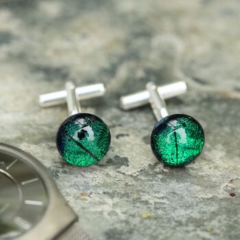 Emerald Green Round Fused Glass And Silver Cufflinks, 6 of 10