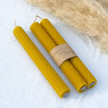 Pair Of Honey Scented Handrolled Beeswax Dinner Candles, 2 of 9