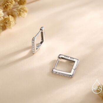 Cz Pave Square Huggie Hoop In Sterling Silver, 6 of 12